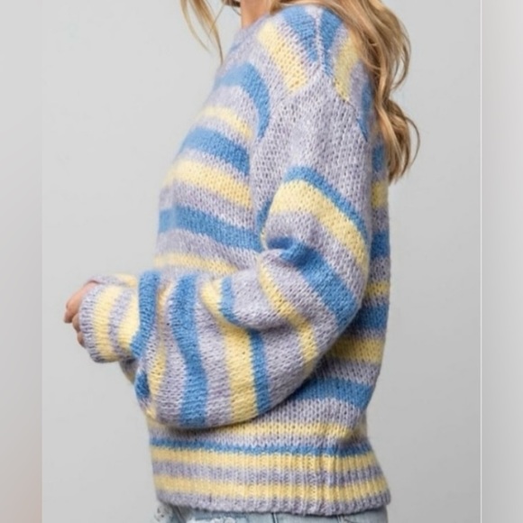 🌸NWT Multi Color Block Mix Striped Balloon Sleeve Cozy Knit Sweater - Picture 3 of 11